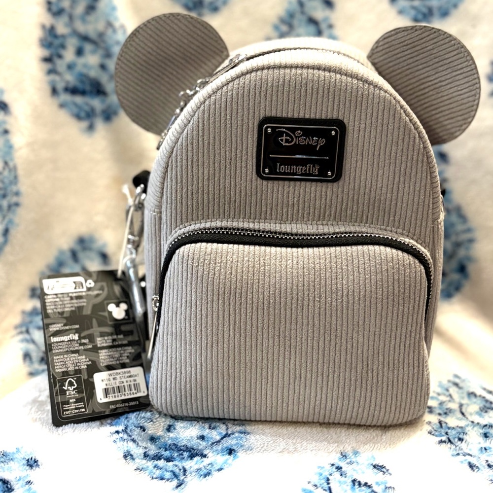 Loungefly Disney Gray Corduroy Mini Backpack, Steamboat Willie